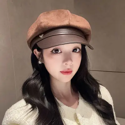 Vintage PU Leather Patchwork Octagonal Hat for Women
