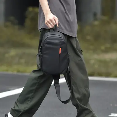 Men's Black Crossbody Bag with Red Zipper & Leather Strap