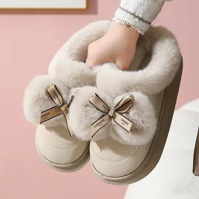 Butterfly-Knot Leather Slippers with a Stepping-On-Clouds Feel, Autumn and Winter Home Warm Plush Thick-Soled Couple's Maternity Slippers for Women