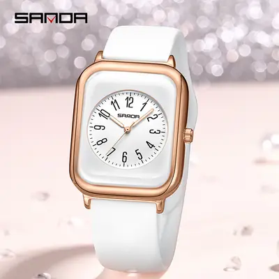 Sanda Women's Square Watch White Silicone Rose Gold