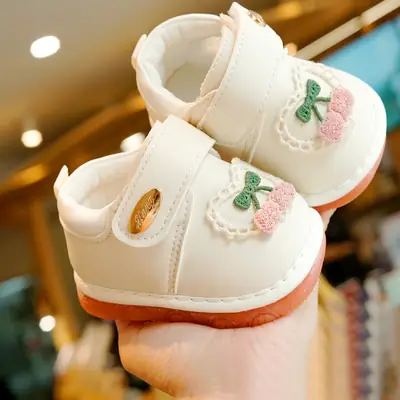 Baby Shoes White Peach Embroidered 1-2Yrs Soft Sole
