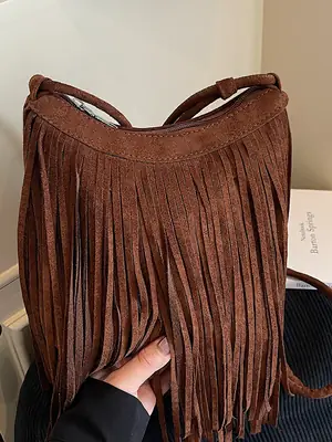 Women's Brown Fringed Shoulder Bag with Tassel Detail