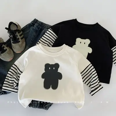 Boys Long Sleeve T-Shirt Autumn 2025 Cotton Beige Black Bear Print