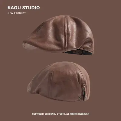 Japanese Retro Washed Distressed Pu Leather Forward Cap Unisex Fashion Casual Newsboy Cap