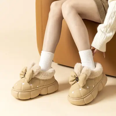 New Bow-Knot Rabbit Ears, Poop-Feeling Bag-Heeled Cotton Shoes, Warm and Non-Slip, Cute Fugitive Princess Bag-Heeled Cotton Shoes