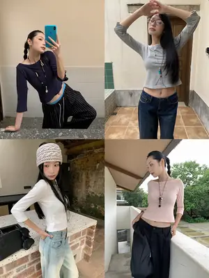 [9Hour] American Sweet and Spicy Style Right Shoulder T-Shirt for Women 2025 Autum Versatile Mid-Sleeve Micro-Elastic Top for Women C250635