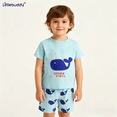 Little Buddy Boys' Blue Whale Print Suit Summer