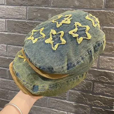 Vintage Denim Duckbill Cap for Women Embroidered Beret