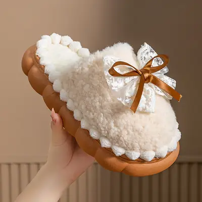 Women's Bow Cotton Slippers Winter Warm Indoor