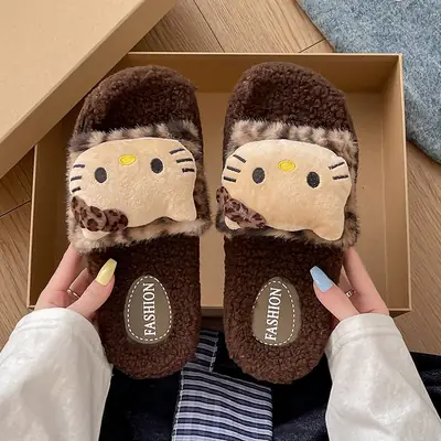 Cross-Border 2025 New Autumn and Winter Leopard Print Fur Slippers for Women's Home Warm and Cute Soft-Soled Cotton Slippers for Women's Outer Wear