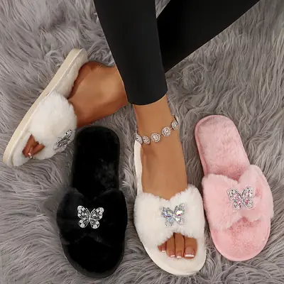Cross-Border Rhinestone Butterfly Fur Slippers for Women Foreign Trade Large Size New Home Indoor and Outdoor Warm Fashion Cotton Slippers for Women