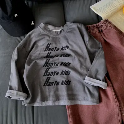 Boys Long Sleeve Grey Cotton T-Shirt Spring Fall 2025