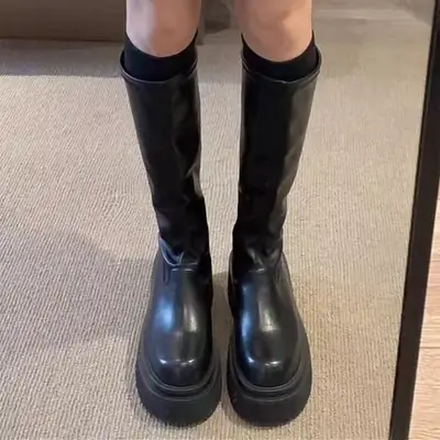 Women's Black Long Boots Thick Sole Slim Fit