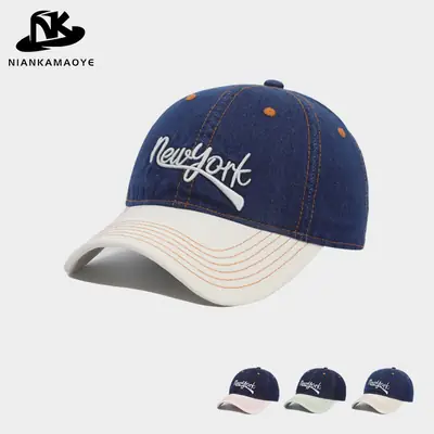 Korean Style Baseball Cap Blue White Retro English Small