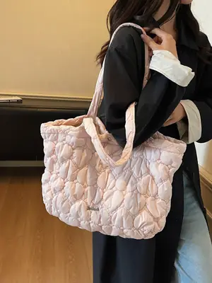 Pink Quilted Women's Shoulder Tote Bag Large Capacity