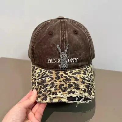 2025 Retro Leopard Print Sweet Cool Rhinestone Letter Duckbill Cap for Women