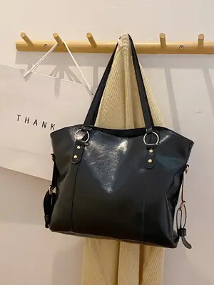 Black Leather Shoulder Bag for Women Large Capacity