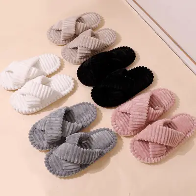 2026 Cross-Border Hot-Selling Amazon European and American Style Cross-Strap Cotton Slippers for Women, Skin-Friendly Plush Cotton Slippers for Women