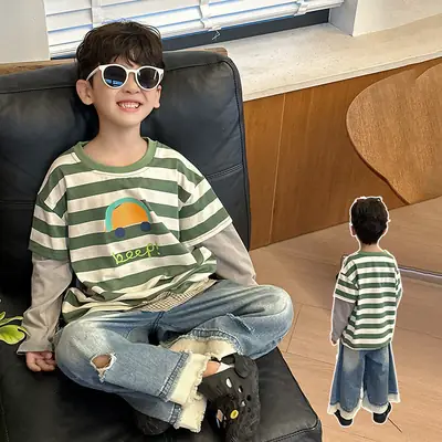 Boys Long Sleeve Striped T-Shirt Green White Spring Fall 2025