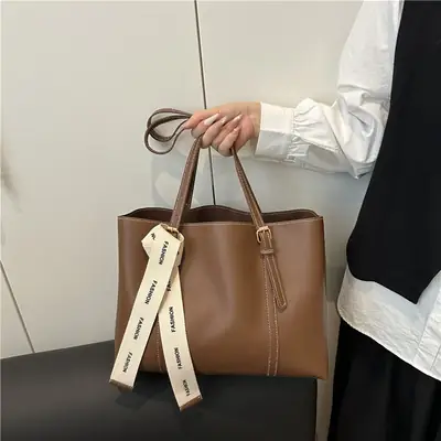 Women Retro Brown Tote Bag with Ribbon Commuter Shoulder