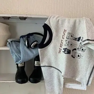 Children's Long Sleeve T-Shirt with Cartoon Print Grey Blue Striped Pants