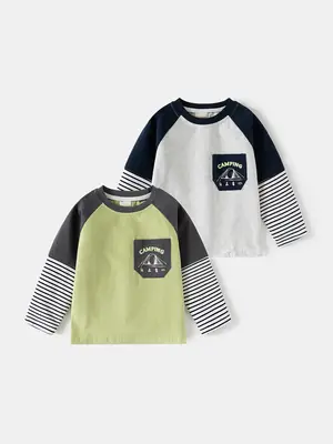 2025 Boys' Base T-Shirt Navy Striped Long Sleeve