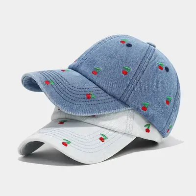 Women Cherry Embroidered Baseball Cap White