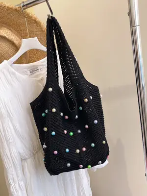 2026 Colorful Knitted Cotton Beach Tote Bag