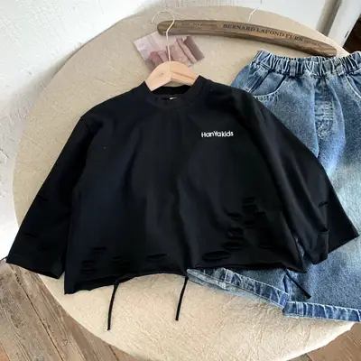 Boys Korean Style Black Long Sleeve T-Shirt