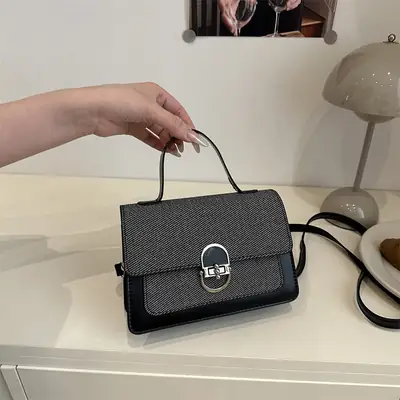 Black Embroidered Women's Crossbody Bag with Gold Clasp