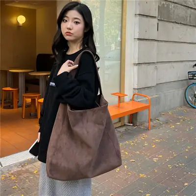 Women's Large Capacity Woolen Tote Bag Brown New Autumn Winter