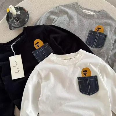 Children's White Pocket Long Sleeve T-Shirt with Cartoon Design