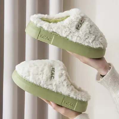 Women Furry Slippers White Thick Soled