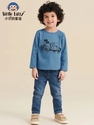 Blue Car Print Long Sleeve Kids T-Shirt Round Neck Cotton