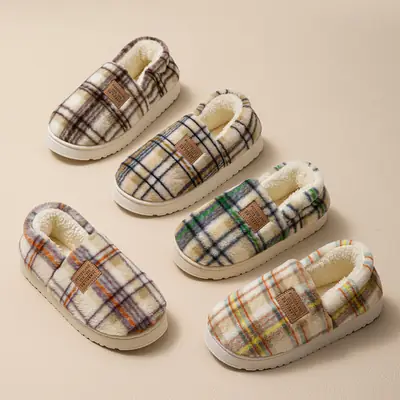 Winter Plush Cotton Heel Slippers for Women Brown Plaid