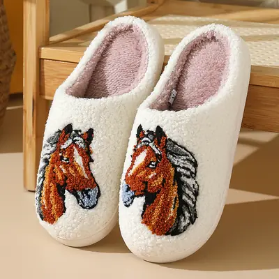 Cross-Border New Style Comfortable Home Warm Winter Cartoon Embroidered Horse Head Cotton Slippers for Men and Women Couples Indoor Cotton Slippers