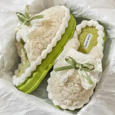 Women Winter Bow Cotton Slippers Warm Anti-Slip Indoor