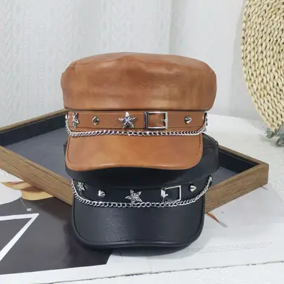 Women Punk Hat with Star Belt Buckle Flat Top