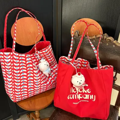 Korean Style Red White Striped Shoulder Tote Bag for Women