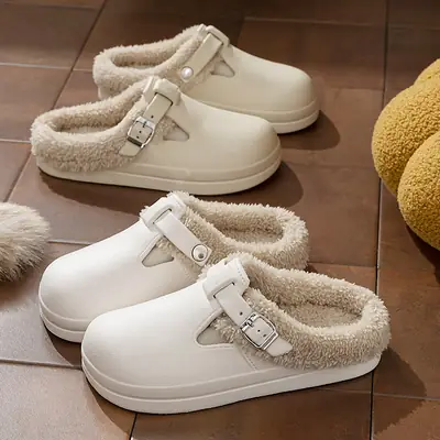 2025 Cross-Border Fashion Autumn and Winter Thick-Soled Plush Buckle Warm Cotton Slippers Waterproof Foreign Trade New Birkenstock Women's Shoes