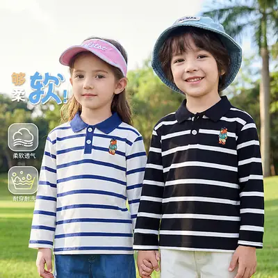 Kids Striped Polo Shirt Long Sleeve Lapel Top