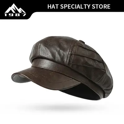 Black Leather Newsboy Cap Large Circumference