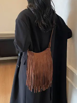 Tassel Crossbody Bag for Women Brown Leather Commuter