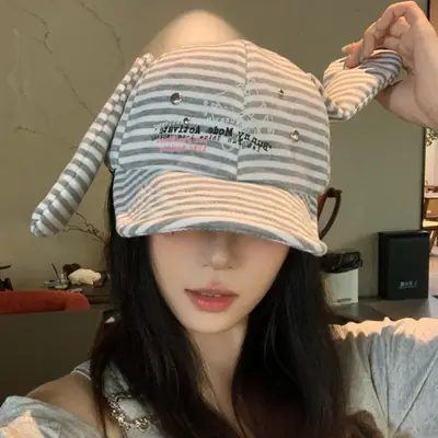 Women Striped Duckbill Cap Rabbit Ear Button