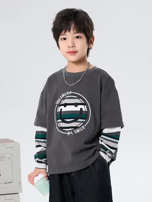Boys Long Sleeve T-Shirt Grey Faux Smiley Embroidered
