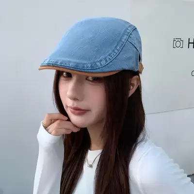 Vintage Face-Slimming Cap for Women Denim Short-Brim Baseball Cap