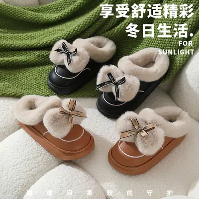 Winter Waterproof Bow Slippers Women Velvet Warm