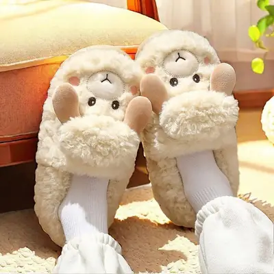 Cute Plush Lamb Slippers for Women Winter Warm Indoor