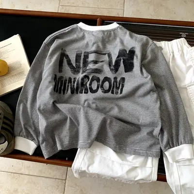 Girls Grey Long Sleeve T-Shirt with White Stripes Bottom