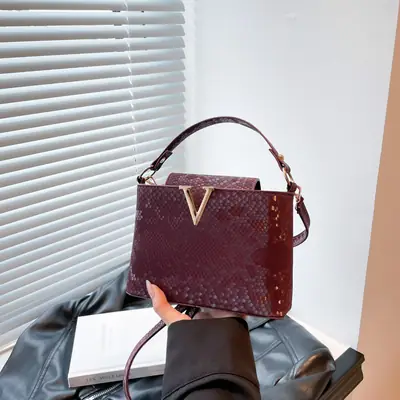 Maroon Snake Pattern Satchel Bag with Gold V Hardware